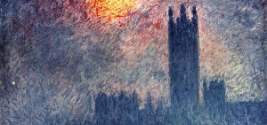 Claude Monet: Slunce deroucí se mlhou, z cyklu Budovy Parlamentu, Londýn (1904, Musée d’Orsay, Paříž)