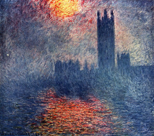 Claude Monet: Slunce deroucí se mlhou, z cyklu Budovy Parlamentu, Londýn (1904, Musée d’Orsay, Paříž)